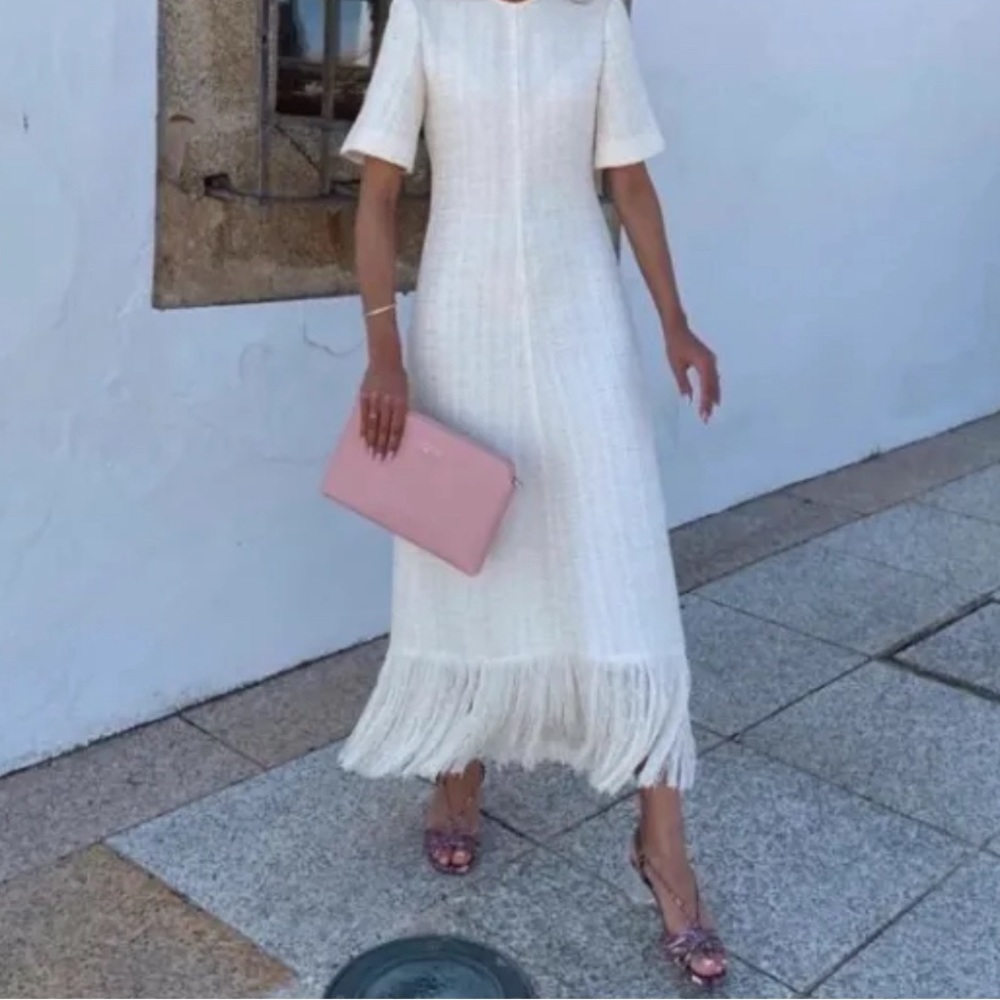 Zara L Maxi Off White Ivory Textured Weave Tweed Fringe Dress Blogger favorite - Picture 5 of 16